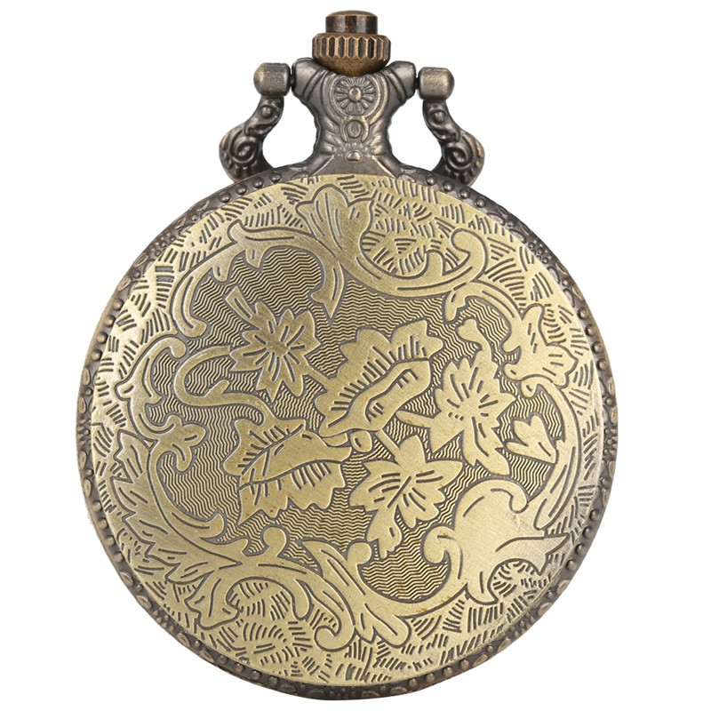Bronze Engraved Leaf Pattern Full Hunter Quartz Pocket Watch Arabic Number Dial