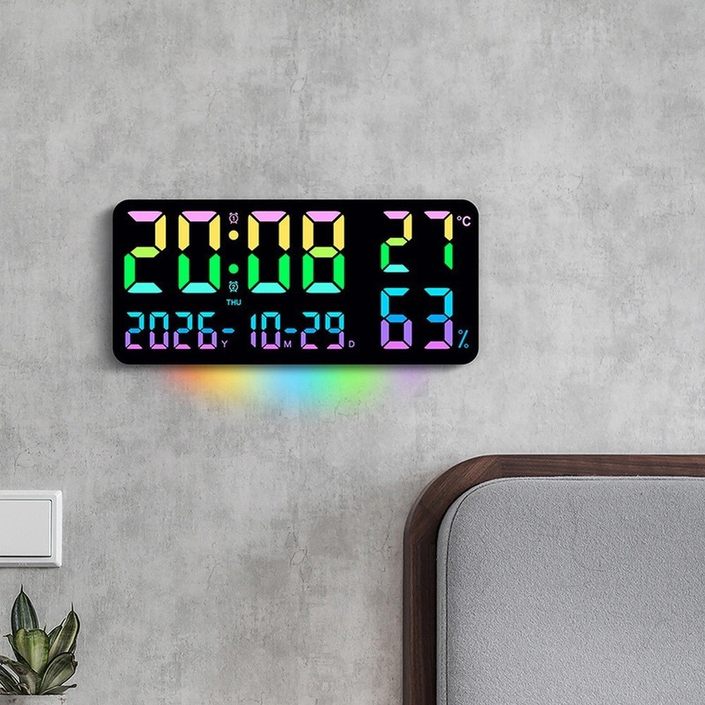Wall Clock with RGB Lights Temperature Humidity Display Dual Alarm Function