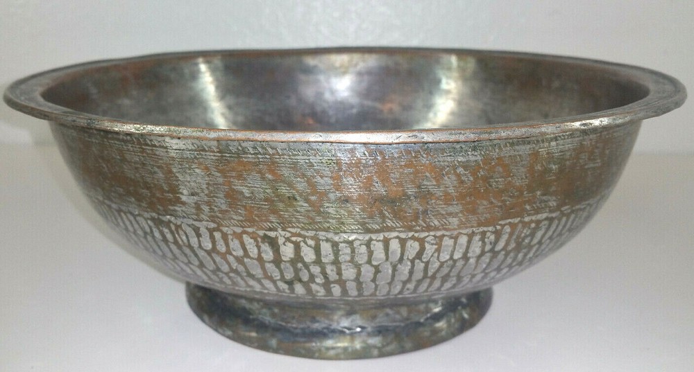 Early Hammered Tinned Copper Bowl Primitive Patterned Design Iran