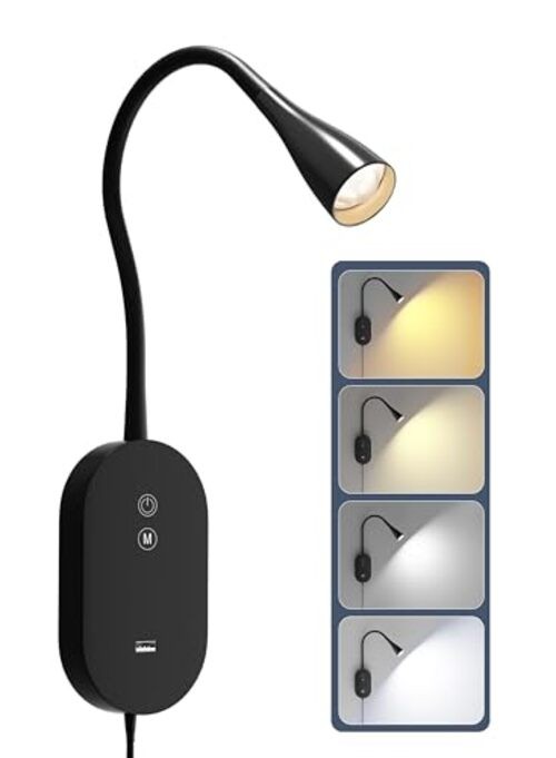 Wall Reading Light for Bed – 4 Color Modes, 5‑Level Dimmable Reading Black