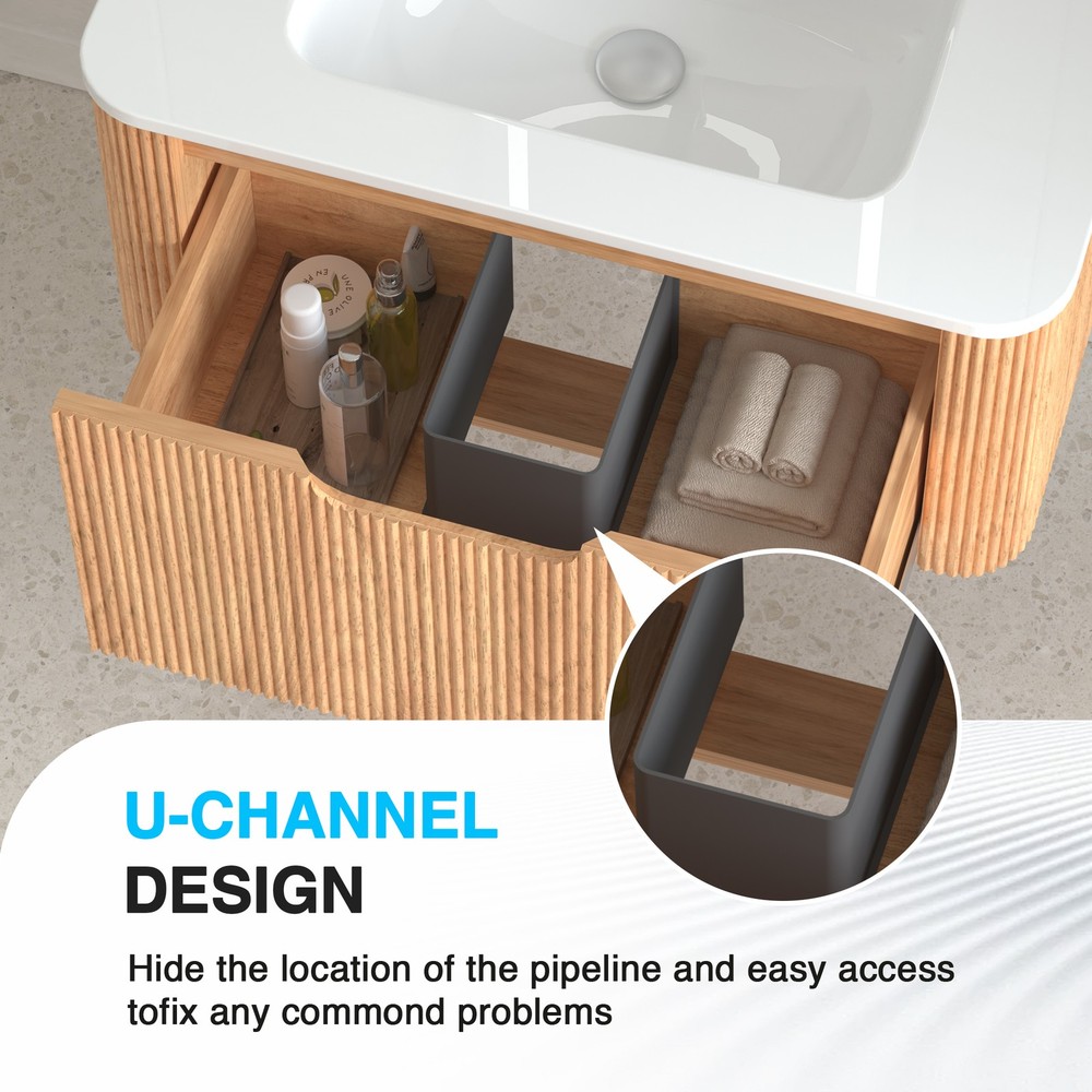 30" Wall-Mounted Floating Solid Wood Bathroom Vanity Pre-Assembled Curved Edge