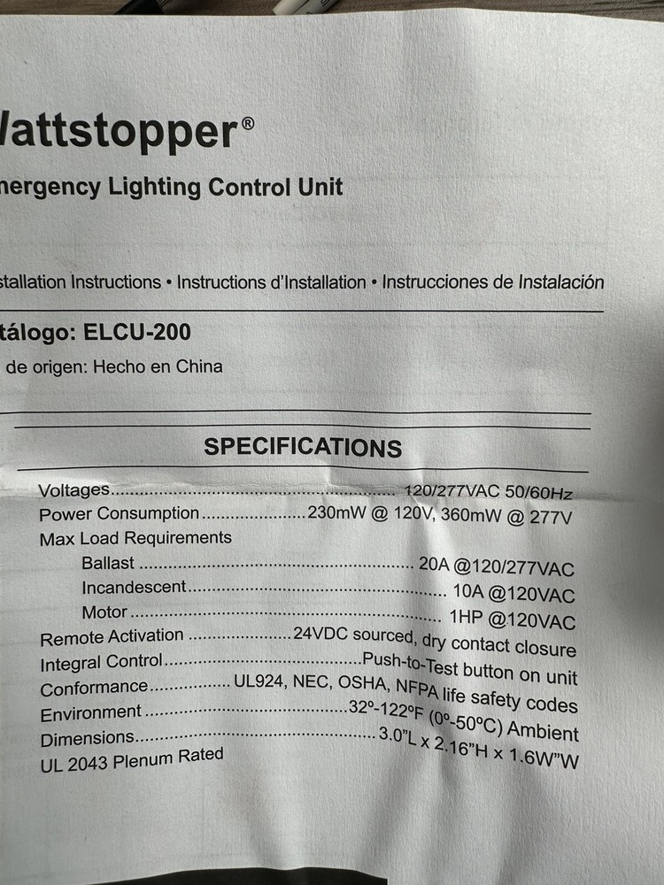 Legrand Wattstopper Elcu-200 Emergency Lighting Control Unit