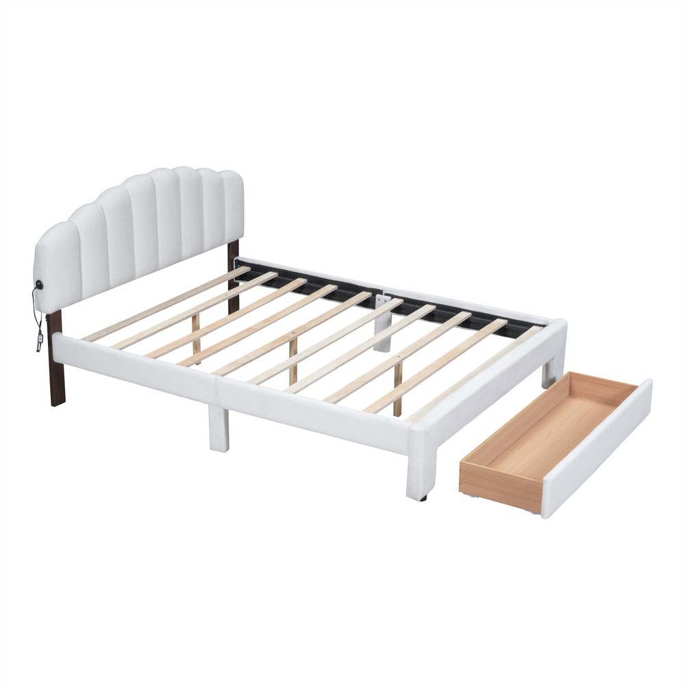 Queen Size Bed Frame Upholstered Platform Bed with Drawers White/Beige/Gray
