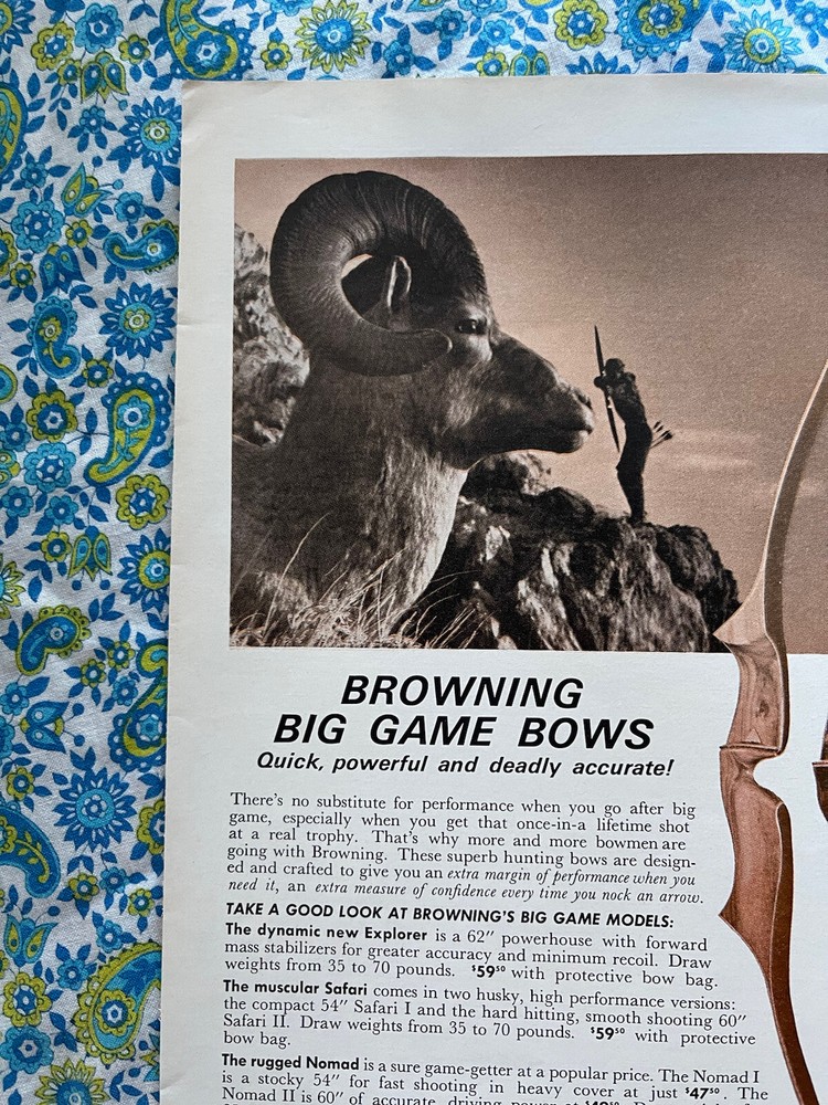 Browning 1966 Print Ad Bow Hunting Big Game Advertisement