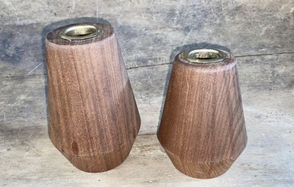 2 Walnut Taper Candle Holders Large & Medium