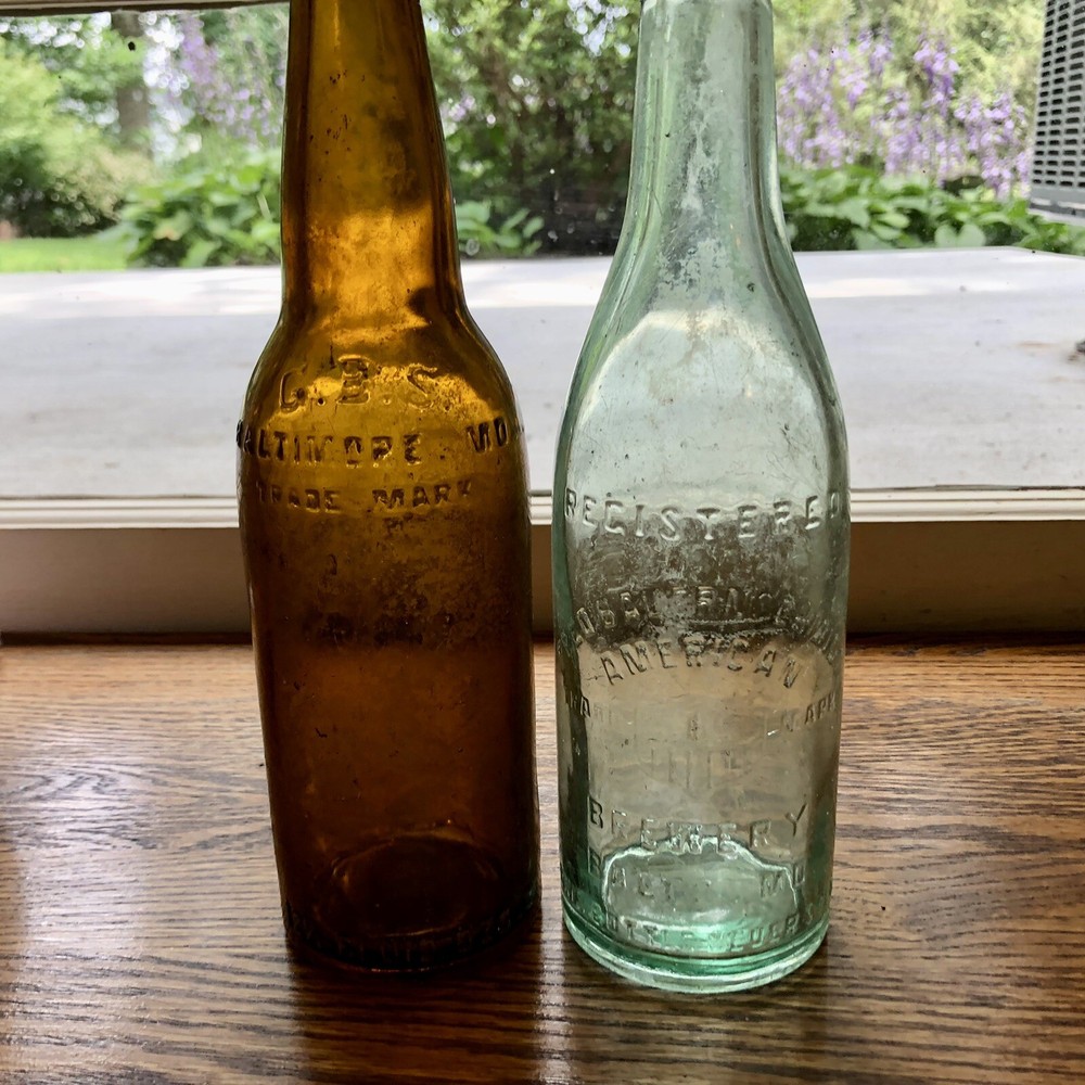 2 Diff Emb Pre-Pro Baltimore MD Beer Bottles Fred Bauernschmidt GBS Aqua & Amber