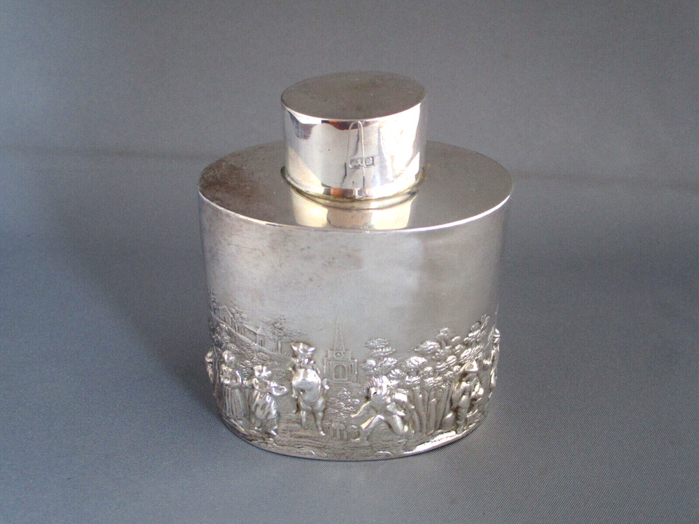 1902 SOLID SILVER TEA CADDY OVAL EMBOSSED FULLY HALLMARKED 83g EDWARDIAN FRENCH