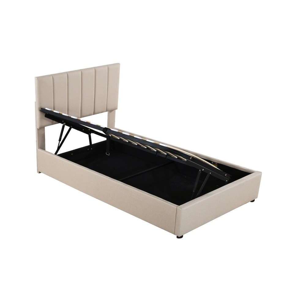 Twin Size Linen Upholstered Platform Bed with Hydraulic Storage System Beige