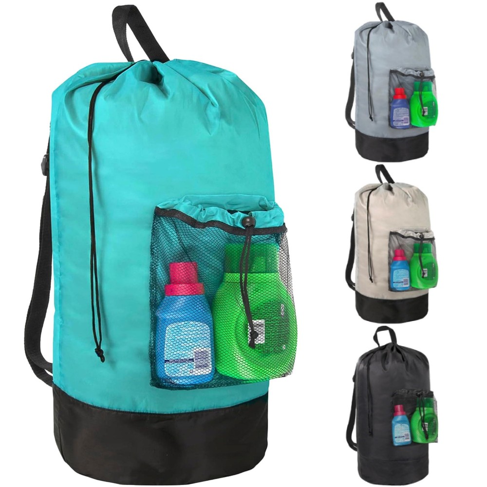 Turquoise Laundry Backpack with Mesh Pocket, Adjustable Straps and Drawstring...