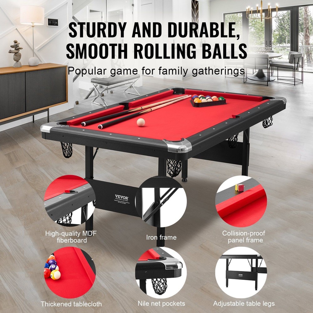 Easy-Assemble 6.3ft Pool Table No Tools Needed Red Felt Surface