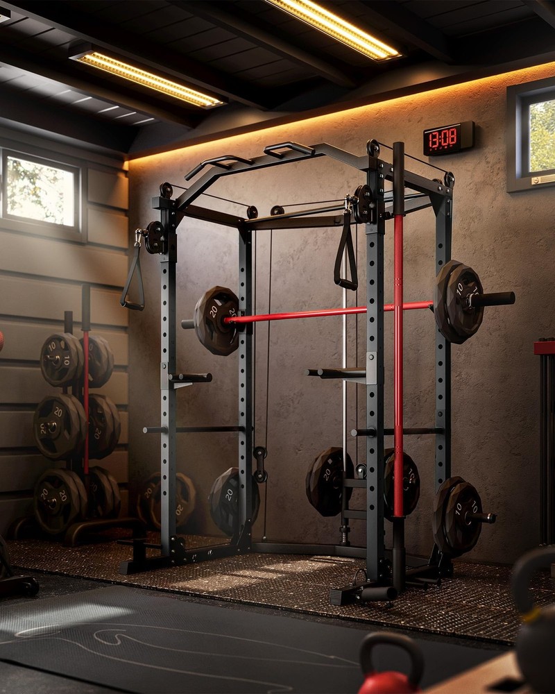 Power Cage Multi-Function Power Rack Home Gym with J Hooks Dip Bar Pulley System