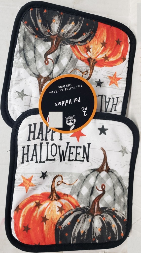 2 Same Kitchen Potholders(7"x7")MULTICOLOR PUMPKINS & STARS, HAPPY HALLOWEEN, GR