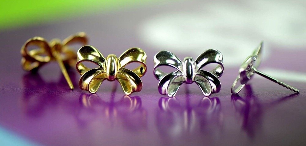 14k Solid White Yellow Gold Bow Tie Stud Earrings