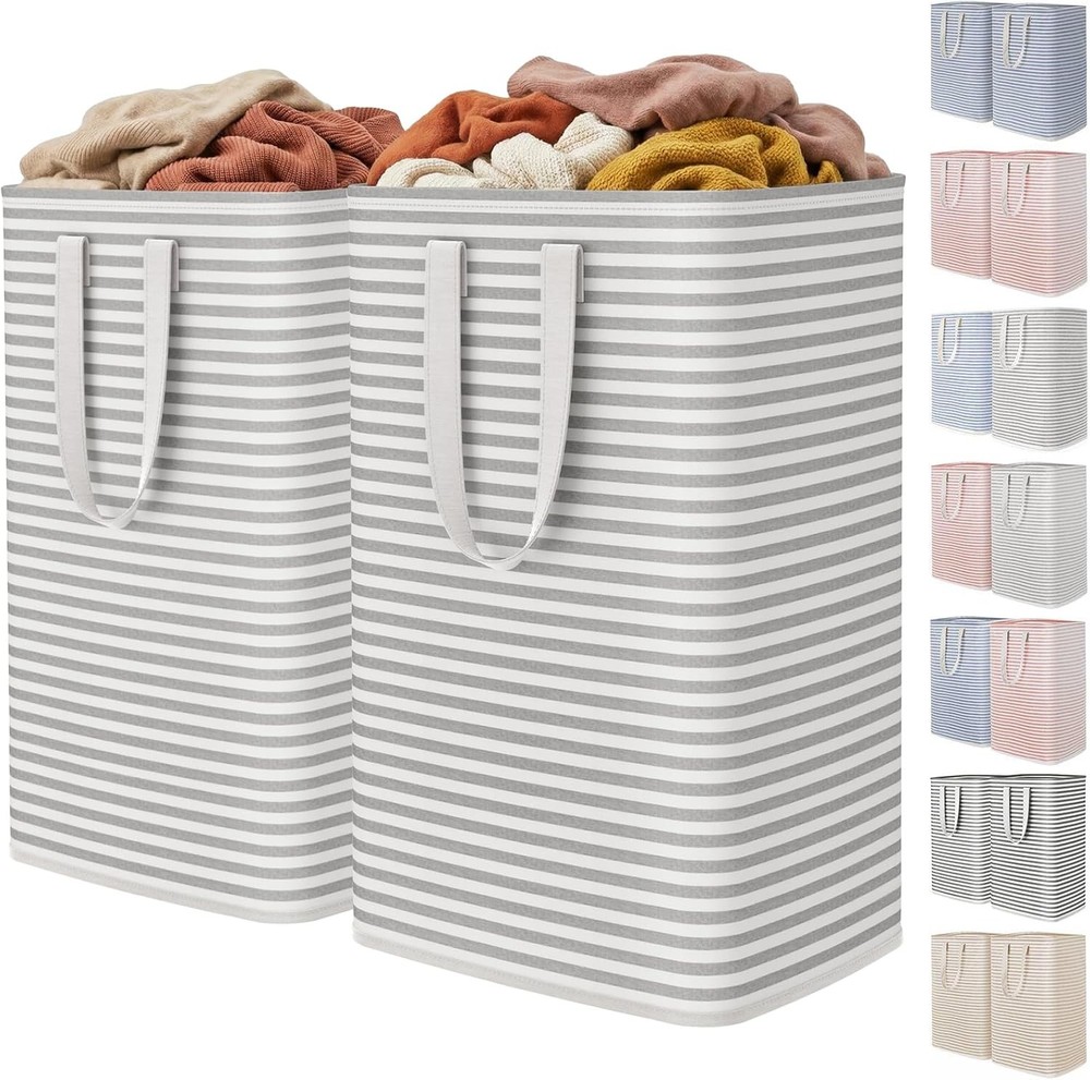 Lifewit two-pack laundry baskets, foldable, with reinforced handles, grey.