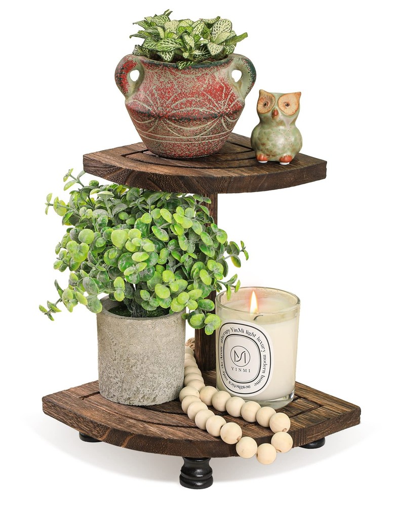 Decorative Wood Riser for Display, 2-Tier Rustic Corner Shelf for Kitchen Bat...