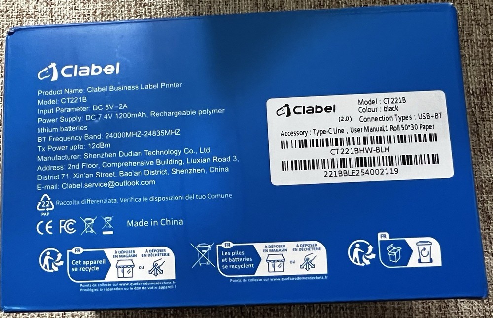 CLABEL Thermal Label Maker Machine CT221B Bluetooth Barcode Printer