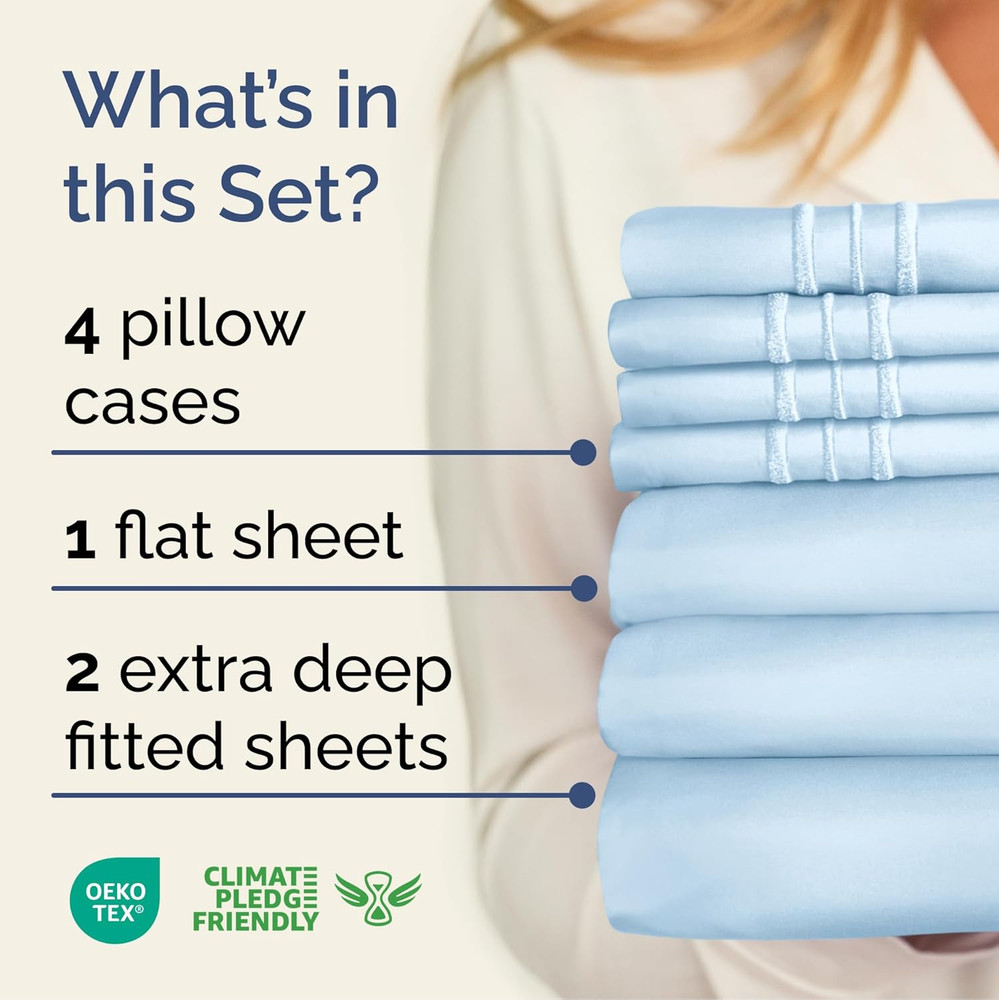 Extra Deep Split King Sheet Set - 7 Piece Breathable & Cooling Sheets - Hotel Lu