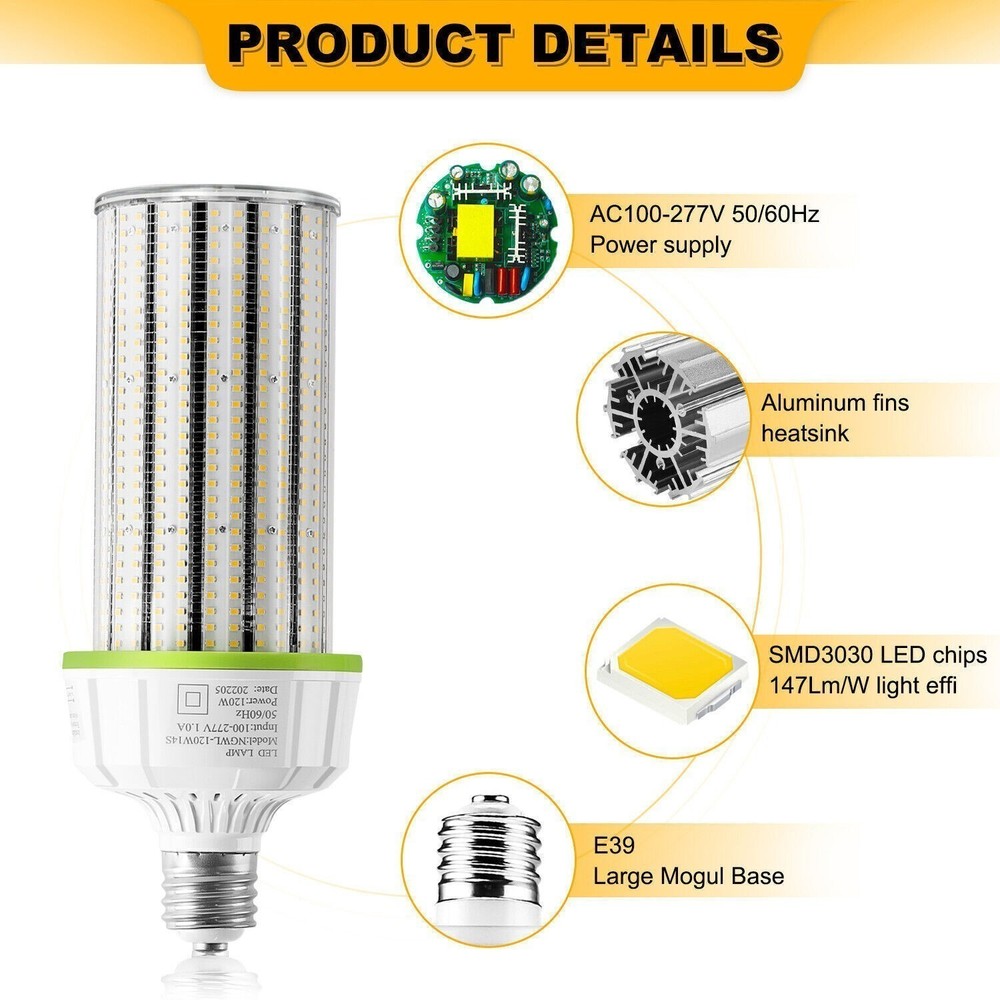 5000K 120W LED Corn Light Bulb E39 Mogul Base 16800LM Factory Lighting Daylight