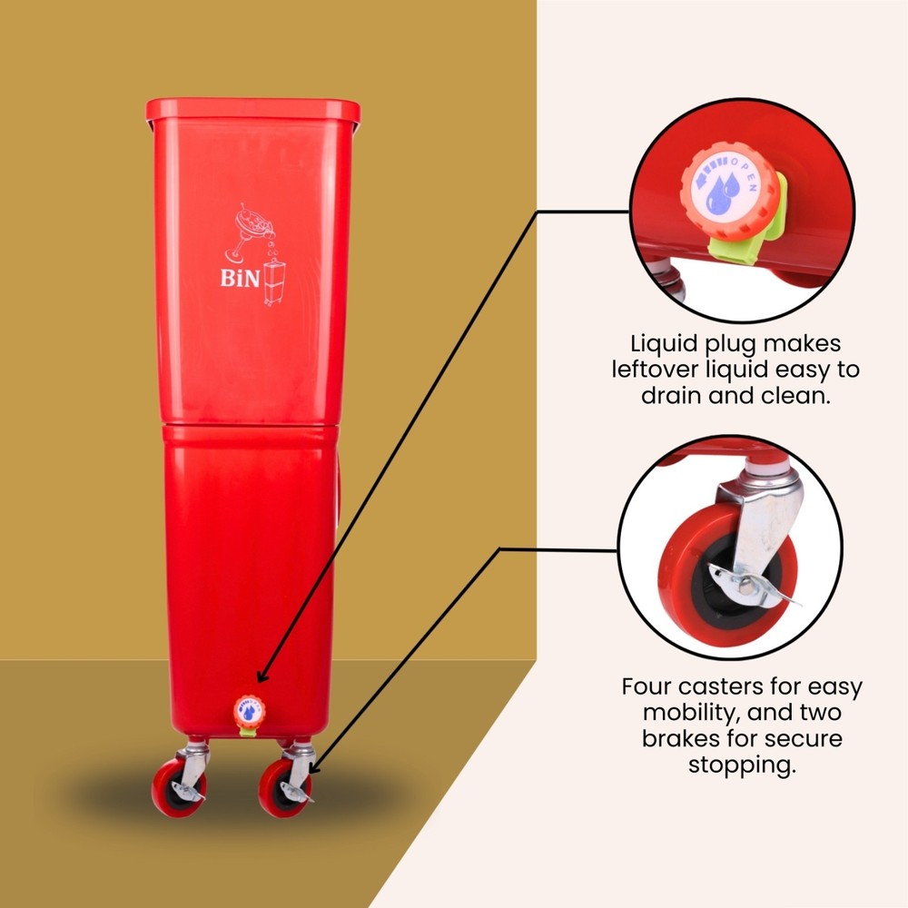 Red Drink Dump Bin w/ Wheels – Dual Compartment Liquid & Trash Disposal