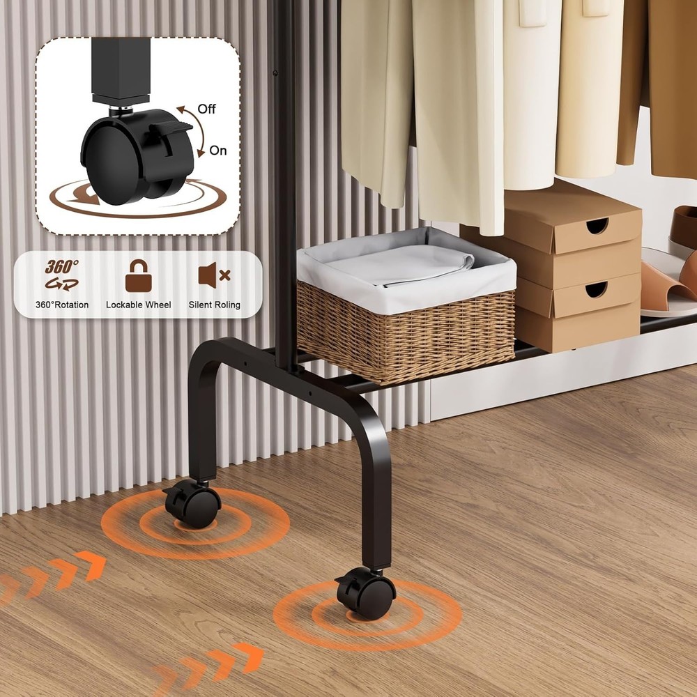 Sturdy Portable Wardrobe Rack - Rolling Black Clothes Rail with Lockable Wheels