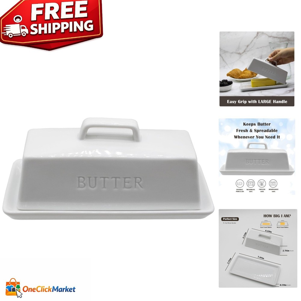 Dishwasher Safe White Butter Container with Lid - Keeps Butter Soft & Spreadable