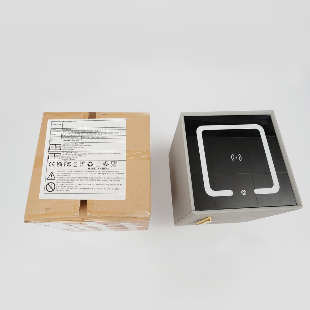 Smart Nightstand With Safe Box And 3-Color Light,Wireless Charging USB Grey