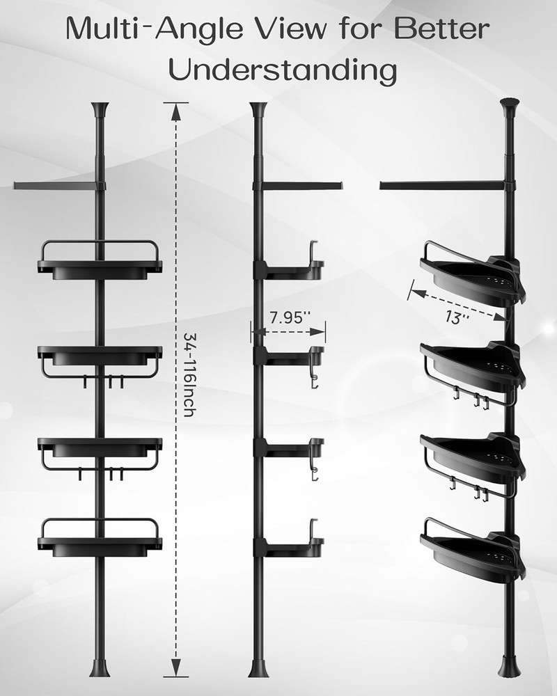 Corner Shower Caddy Tension Pole, Extendable Rustproof Stainless Steel Pole &...
