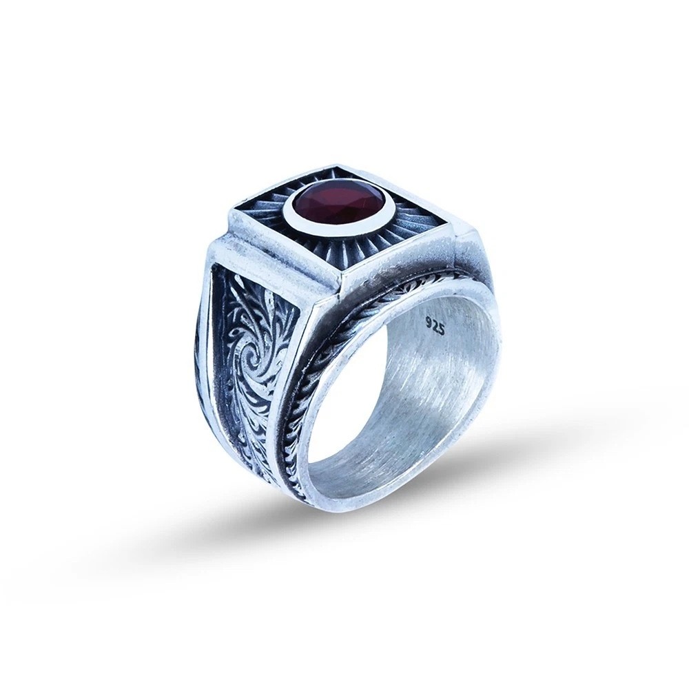 925 Men's Red Ruby Gemstone Handmade Engraved Sterling Silver Ring