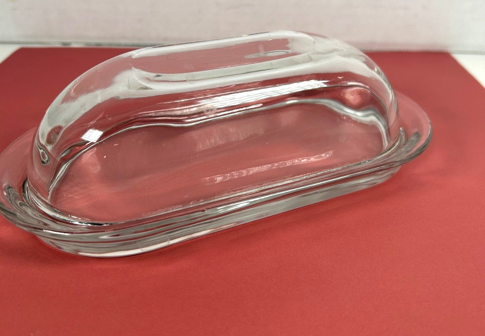 Very Nice Solid Clear Glass Covered BUTTER DISH Simple Smooth See-Through