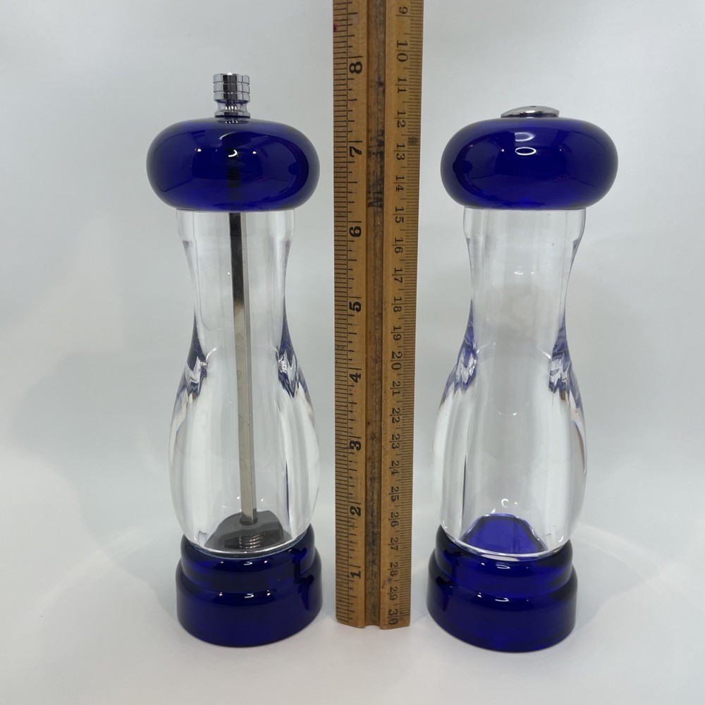 Acrylic Lucite Salt & Pepper Mill Grinder Set Olde Thompson Clear Blue 7.5”