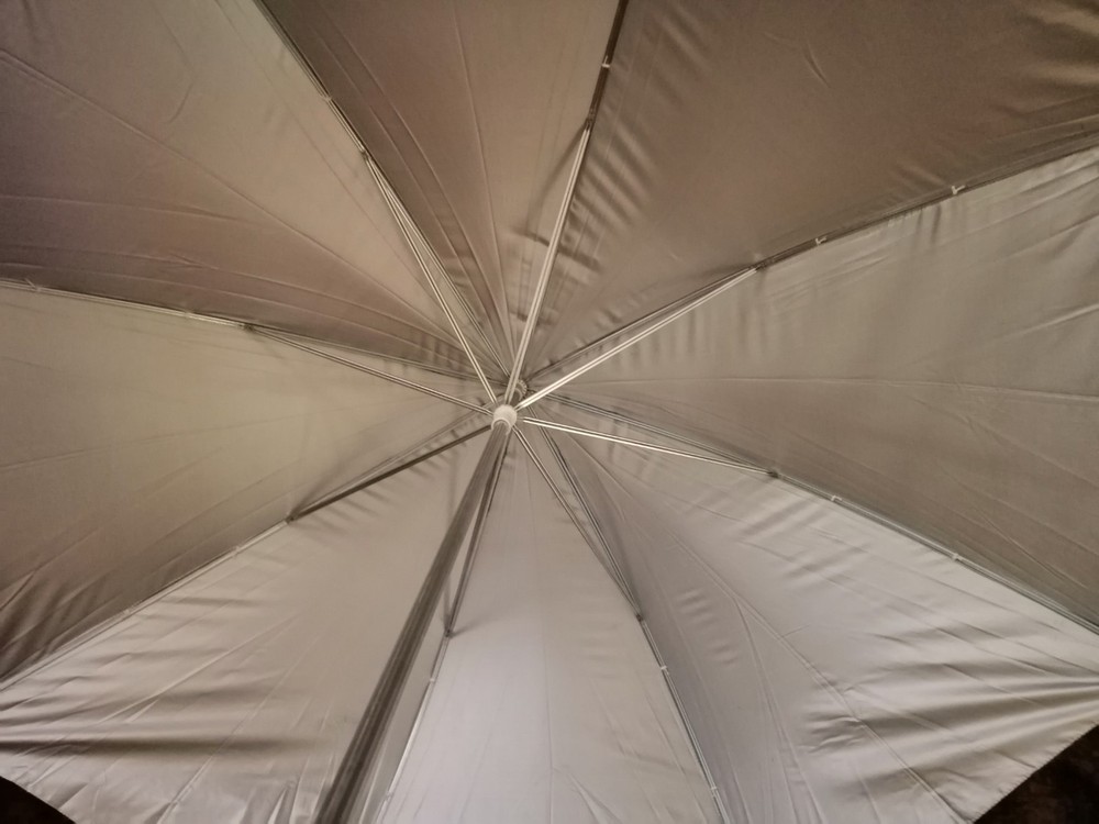 Golf umbrella with pole inside main pole for pushing into sand or soil, carrybag