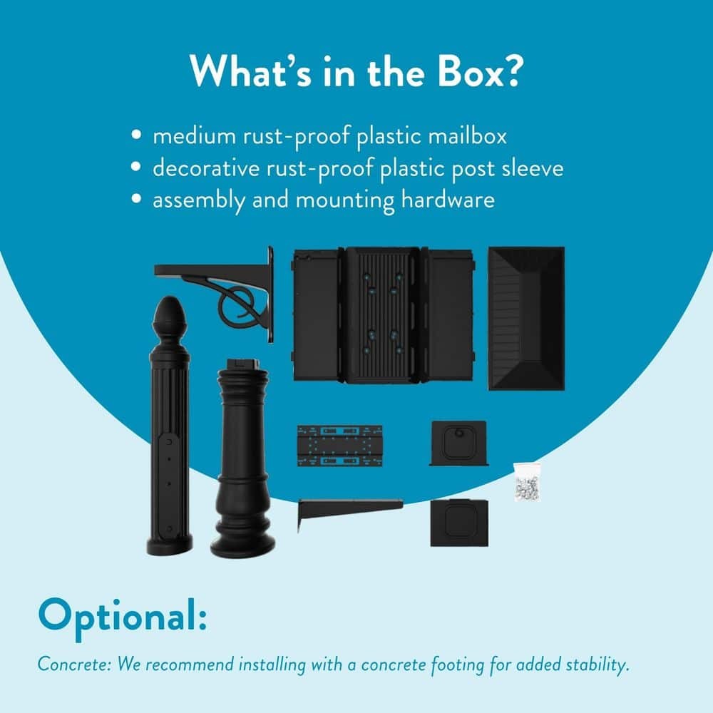 All-In-One Mailbox and Post Combo Durable Stratford Black, Medium, Plastic New