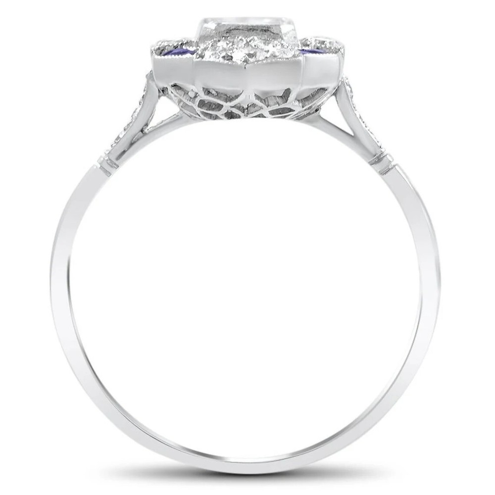 Art Deco Emerald Cut Lab Created Diamond & Sapphire 925 Silver Engagement Ring