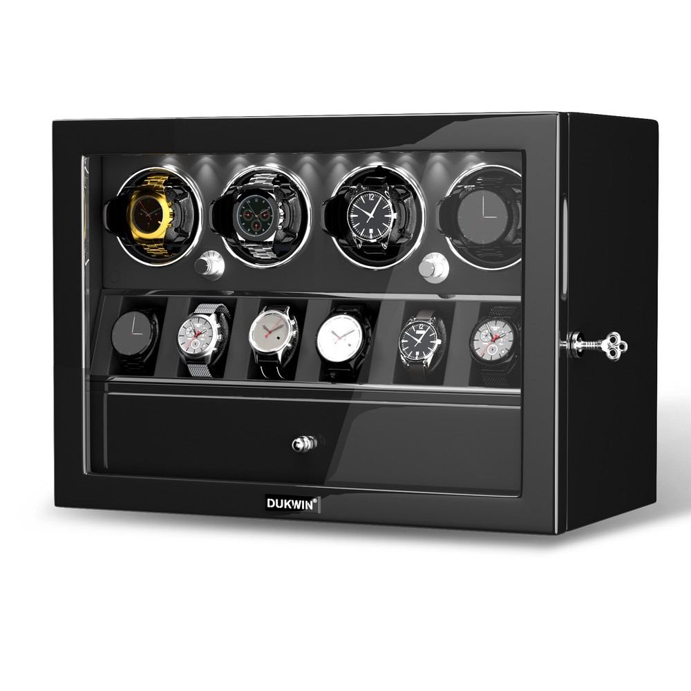 Automatic Rotation LED Light 4 Watch Winder With 6 Watches Display Storage Box