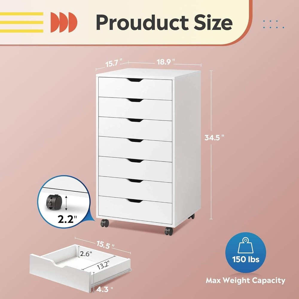 White 7 Drawer Storage Chest With Wheels For Home Office