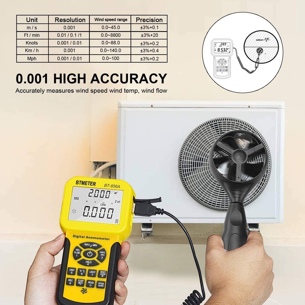 BTMETER 856A Anemometer Wind Speed Air Flow Temp Backlight Data Logger USB HVAC