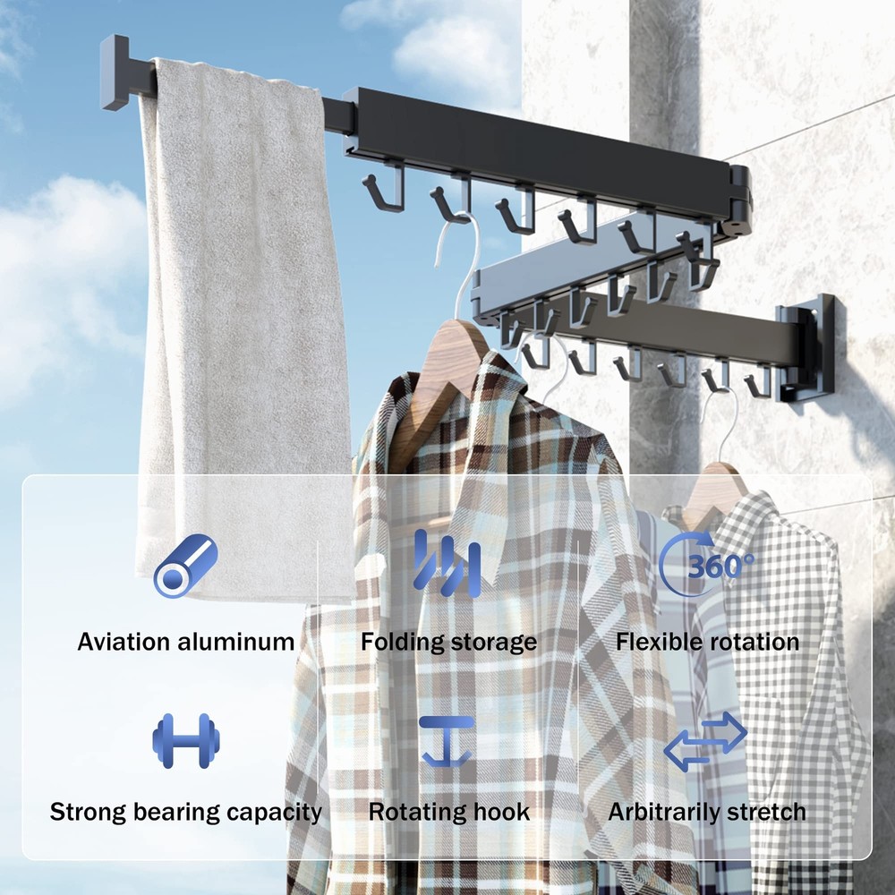 Wall Mounted Retractable Clothes Drying Rack Folding J Shape Hooks for Laundry