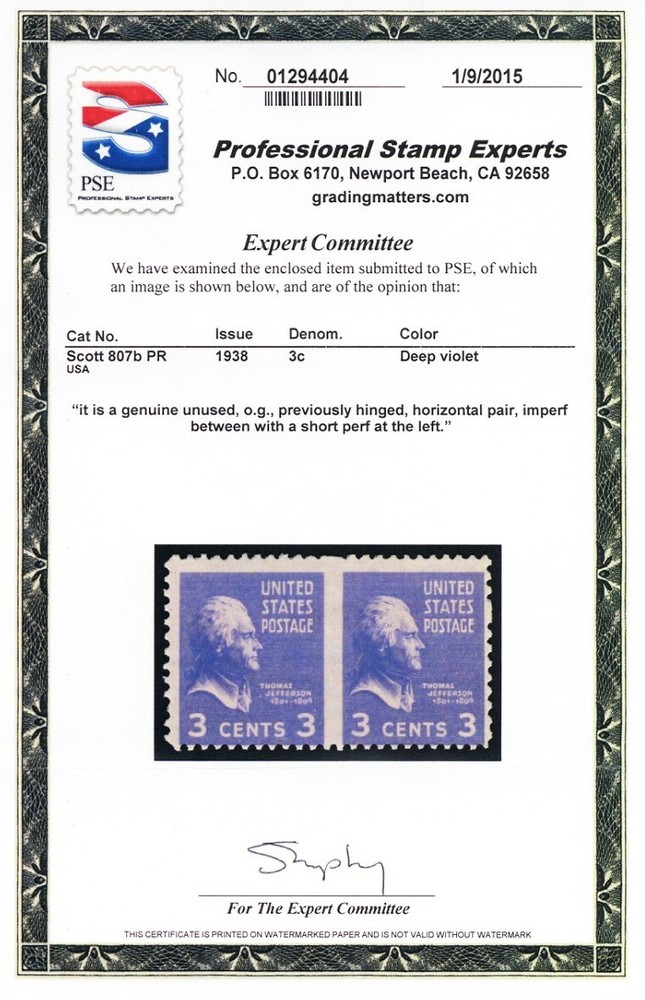 807b, Mint VLH 3¢ - Imperforate Between Error - SELDOM OFFERED - PSE Stuart Katz
