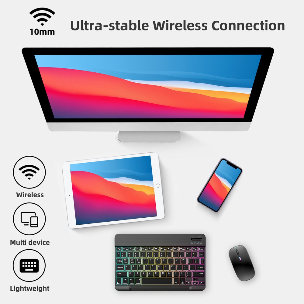 RGB Wireless Backlit Keyboard and Mouse Combo Set Bluetooth for iPad Laptop PC