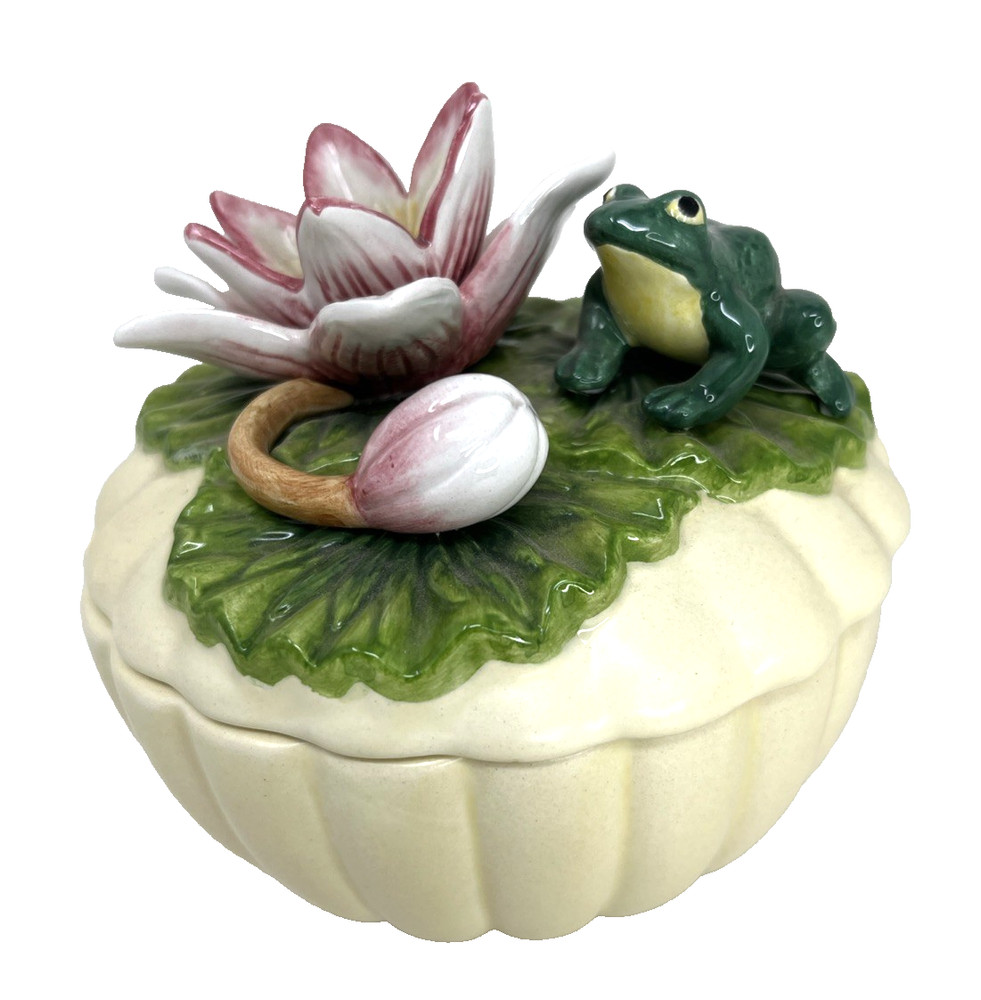 Fitz & Floyd Classics Lidded Trinket Box Ceramic Frog On Lily Pad Turtle Inside