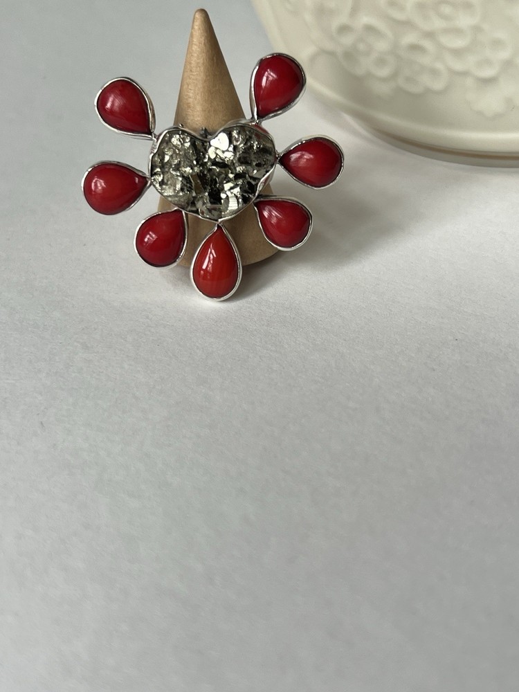 Pyrite & Red Coral Ring 925 Sterling Silver Adjustable Artisan Statement