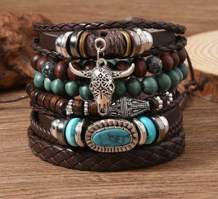 6 PC Leather Western Punk Bracelet Stackable Adjustable Tie New Free Ship C108