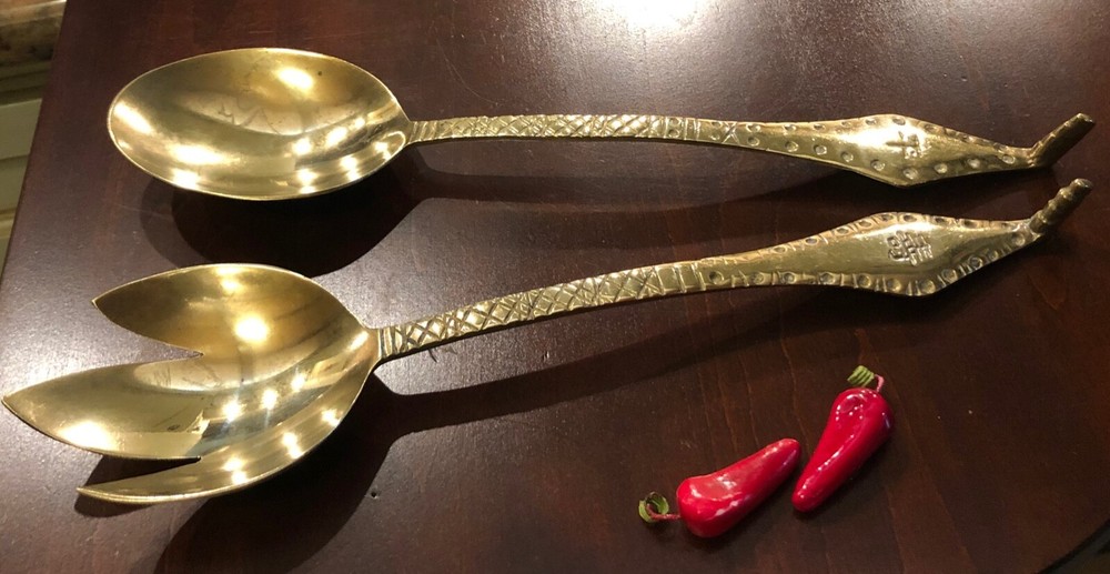 VTG Handcrafted Decorative Ornate Solid Brass Fork & Spoon Salad Serving Set 12"