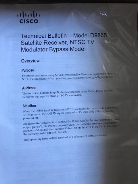 Cisco D9865-H AFN decoder satellite receiver New with cables & remote control