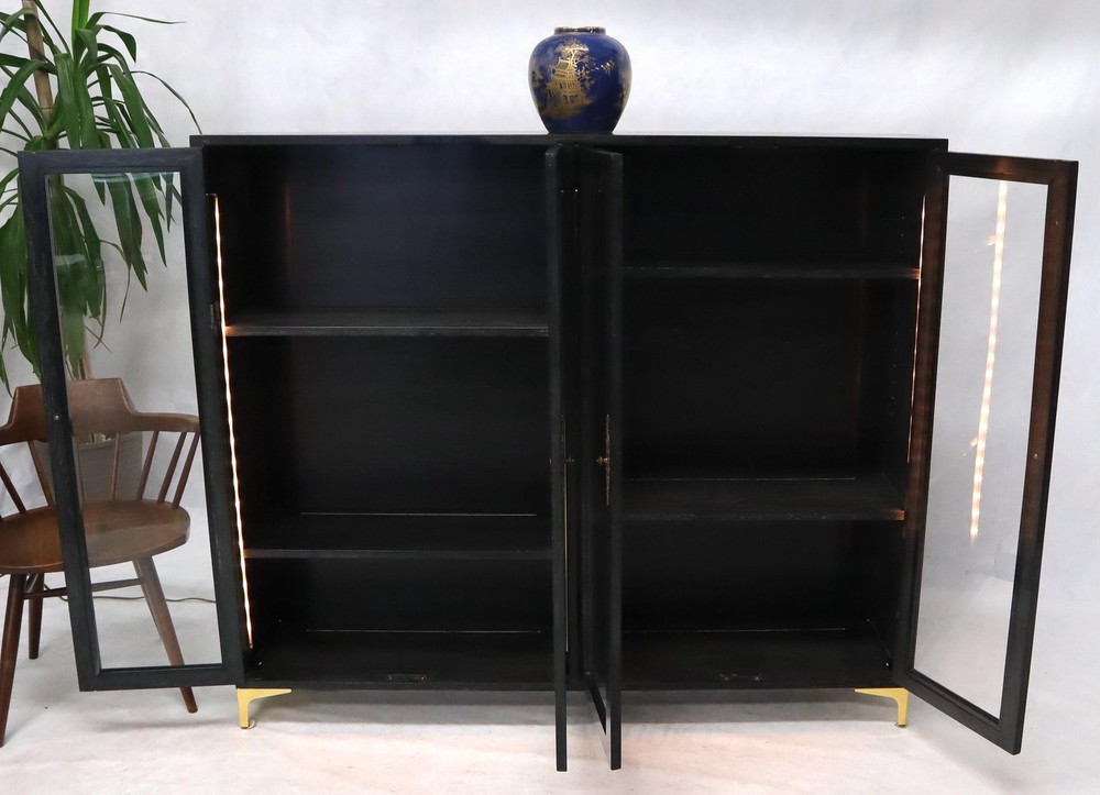 Large Mid-Century Modern Ebonized and Cerused Walnut Four Doors Bookcase