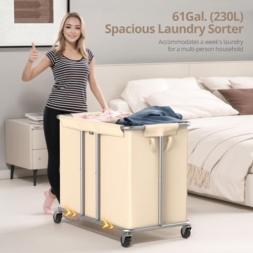 230L Rolling Laundry Hamper, 2-Section Laundry Basket with Wheels, 61 Gallons