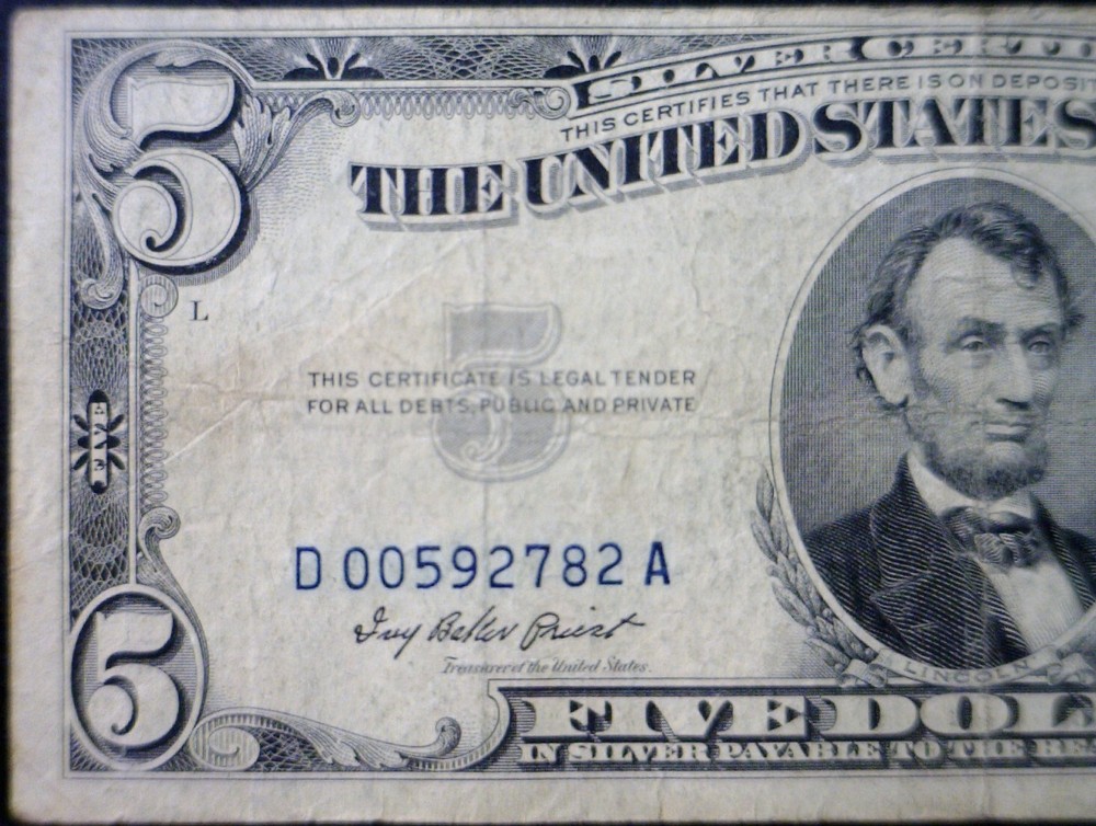 1953 ERROR $5 3rd Print Shift F + Silver Certificate BLUE SEAL Currency Note NR