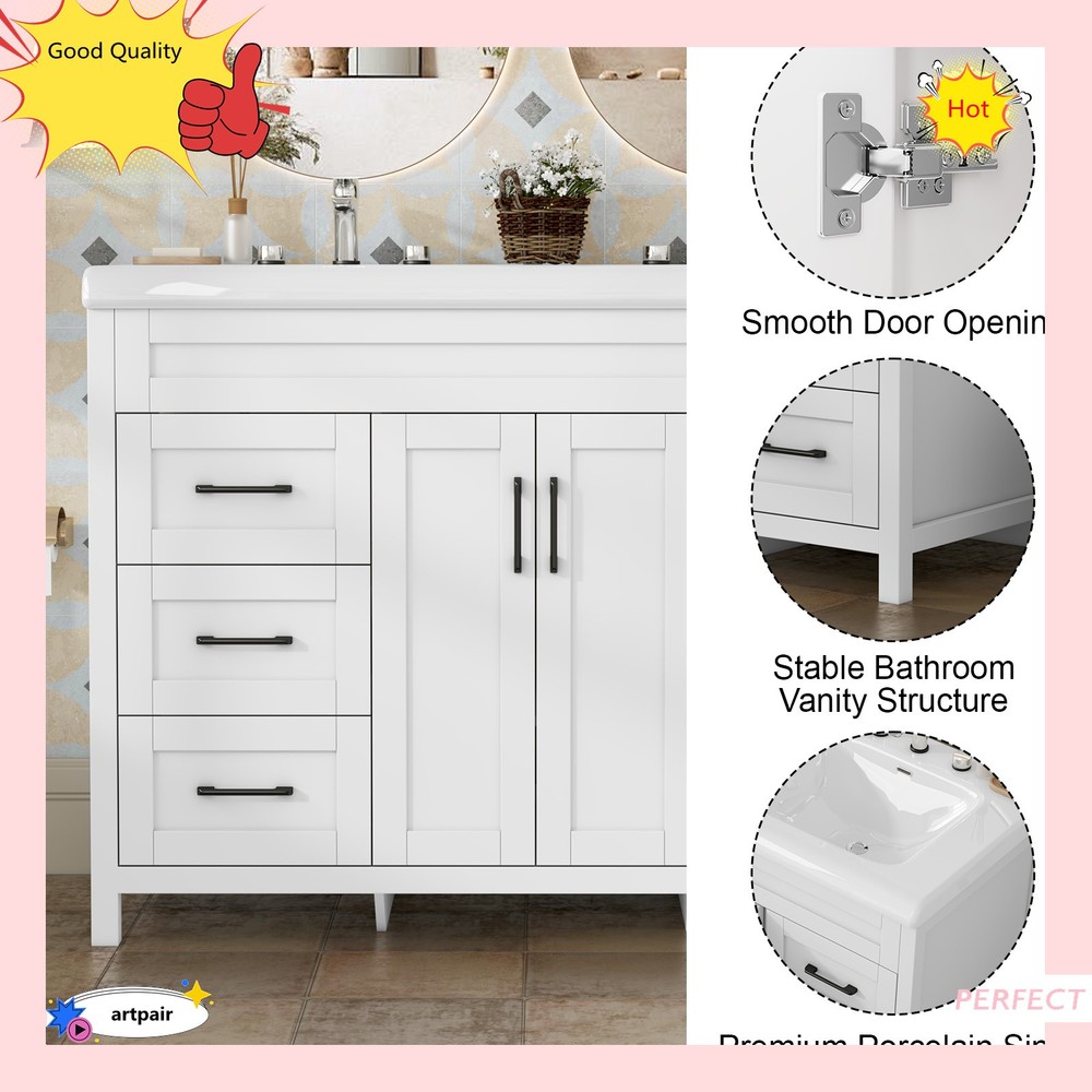 47" Bathroom Vanity Set & Double Ceramic Sinks Artificial Marble Countertop , US