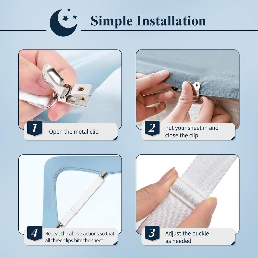 Bed Sheet Straps, Adjustable Elastic Fitted Sheet Corner Holders Straps to Stay
