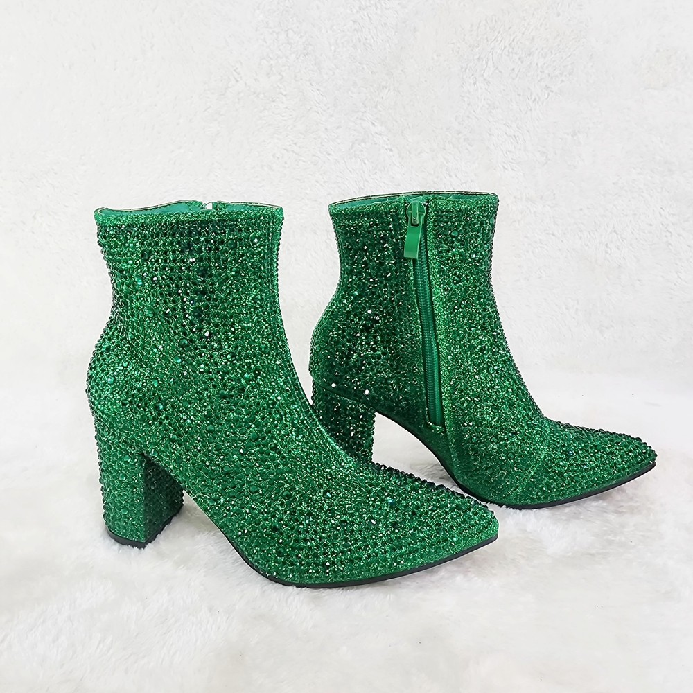 Crystel Emerald Green Rhinestone Block Heel Ankle Boots